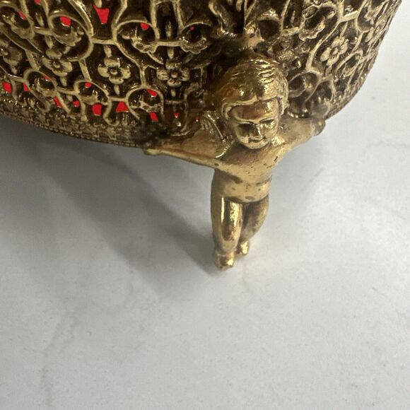 Vintage Ormulu Cherub Vanity Footed Jewelry Trinket Brass Box With Glass Top NIB - Picture 12 of 16